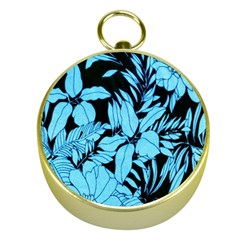 Blue Winter Tropical Floral Watercolor Gold Compasses