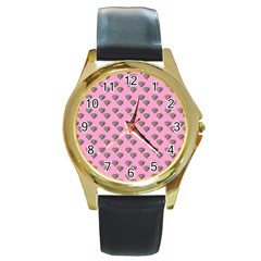 Patchwork Heart Pink Round Gold Metal Watch by snowwhitegirl