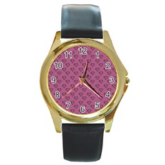 Heart Face Mauve Round Gold Metal Watch