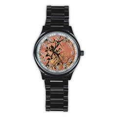 Floral Grungy Style Artwork Stainless Steel Round Watch by dflcprintsclothing