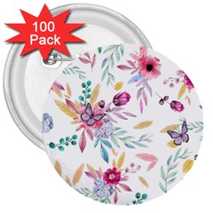 Pink Floral Print 3  Buttons (100 Pack)  by designsbymallika