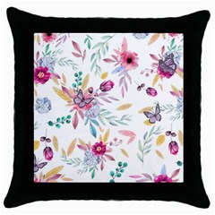 Pink Floral Print Throw Pillow Case (black) by designsbymallika