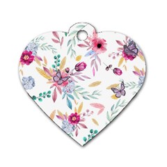 Pink Floral Print Dog Tag Heart (two Sides) by designsbymallika