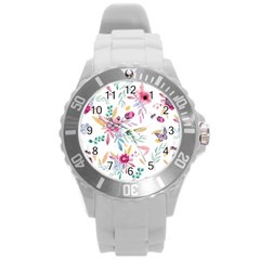 Pink Floral Print Round Plastic Sport Watch (l) by designsbymallika