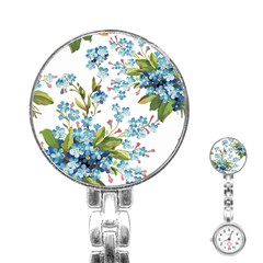 Blue Floral Print Stainless Steel Nurses Watch by designsbymallika