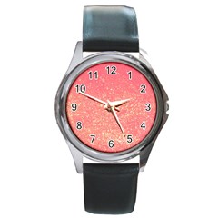 Pink Glitter Print Round Metal Watch by designsbymallika