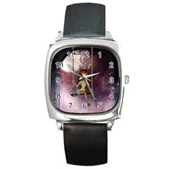 Little Fairy On A Swing With Dragonfly In The Night Square Metal Watch by FantasyWorld7