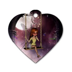 Little Fairy On A Swing With Dragonfly In The Night Dog Tag Heart (two Sides) by FantasyWorld7