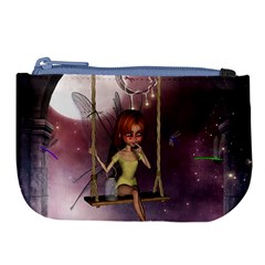 Little Fairy On A Swing With Dragonfly In The Night Large Coin Purse by FantasyWorld7