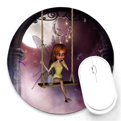 Little Fairy On A Swing With Dragonfly In The Night Round Mousepads by FantasyWorld7