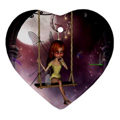 Little Fairy On A Swing With Dragonfly In The Night Ornament (heart) by FantasyWorld7