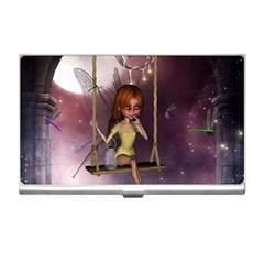 Little Fairy On A Swing With Dragonfly In The Night Business Card Holder by FantasyWorld7