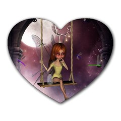 Little Fairy On A Swing With Dragonfly In The Night Heart Mousepads by FantasyWorld7