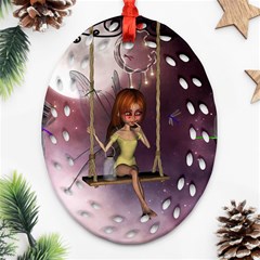 Little Fairy On A Swing With Dragonfly In The Night Oval Filigree Ornament (two Sides) by FantasyWorld7