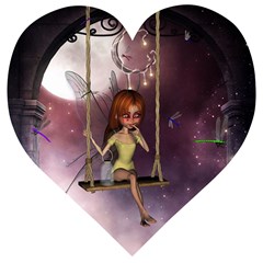 Little Fairy On A Swing With Dragonfly In The Night Wooden Puzzle Heart by FantasyWorld7