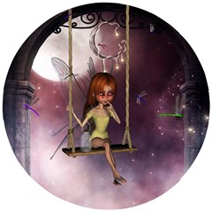 Little Fairy On A Swing With Dragonfly In The Night Wooden Puzzle Round by FantasyWorld7