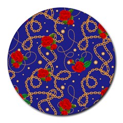 Blue Golden Chain Rose Pattern Round Mousepads by designsbymallika