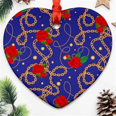 Blue Golden Chain Rose Pattern Ornament (heart) by designsbymallika