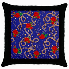 Blue Golden Chain Rose Pattern Throw Pillow Case (black) by designsbymallika