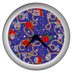 Blue Golden Chain Rose Pattern Wall Clock (silver) by designsbymallika