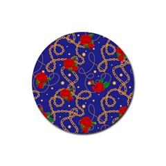 Blue Golden Chain Rose Pattern Rubber Coaster (round)  by designsbymallika