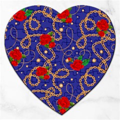 Blue Golden Chain Rose Pattern Jigsaw Puzzle (heart) by designsbymallika