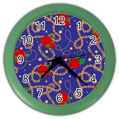 Blue Golden Chain Rose Pattern Color Wall Clock by designsbymallika