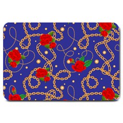 Blue Golden Chain Rose Pattern Large Doormat  by designsbymallika