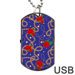 Blue Golden Chain Rose Pattern Dog Tag Usb Flash (two Sides) by designsbymallika