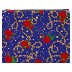 Blue Golden Chain Rose Pattern Cosmetic Bag (xxxl) by designsbymallika