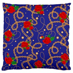 Blue Golden Chain Rose Pattern Large Flano Cushion Case (one Side) by designsbymallika