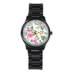 Pink Tulips Stainless Steel Round Watch by designsbymallika