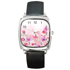 Pink Floral Print Square Metal Watch