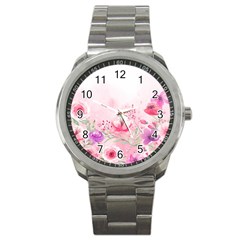 Pink Floral Print Sport Metal Watch