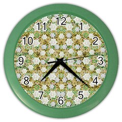 Snowflakes Slightly Snowing Down On The Flowers On Earth Color Wall Clock by pepitasart