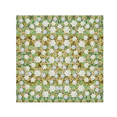 Snowflakes Slightly Snowing Down On The Flowers On Earth Small Satin Scarf (square) by pepitasart