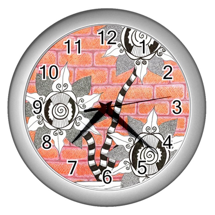 Brick Wall Flower Pot Wall Clock (Silver)