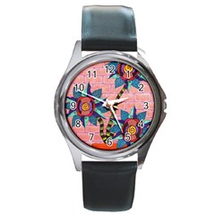 Brick Wall Flower Pot In Color Round Metal Watch by okhismakingart