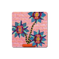 Brick Wall Flower Pot In Color Square Magnet by okhismakingart