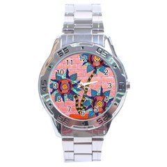 Brick Wall Flower Pot In Color Stainless Steel Analogue Watch by okhismakingart