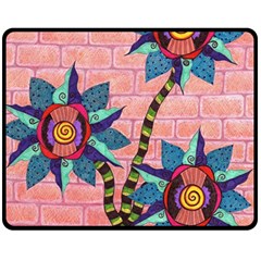 Brick Wall Flower Pot In Color Double Sided Fleece Blanket (medium)  by okhismakingart