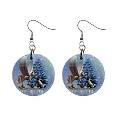 Merry Christmas, Funny Pegasus With Penguin Mini Button Earrings by FantasyWorld7