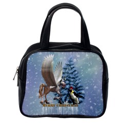 Merry Christmas, Funny Pegasus With Penguin Classic Handbag (one Side) by FantasyWorld7