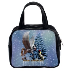 Merry Christmas, Funny Pegasus With Penguin Classic Handbag (two Sides) by FantasyWorld7