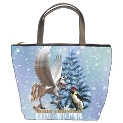 Merry Christmas, Funny Pegasus With Penguin Bucket Bag by FantasyWorld7