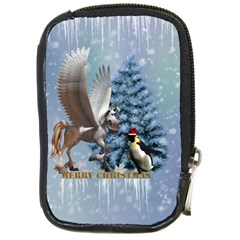 Merry Christmas, Funny Pegasus With Penguin Compact Camera Leather Case by FantasyWorld7