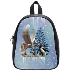 Merry Christmas, Funny Pegasus With Penguin School Bag (small) by FantasyWorld7