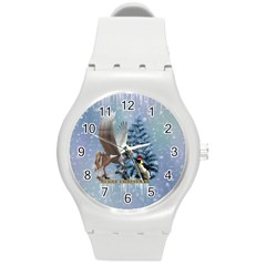 Merry Christmas, Funny Pegasus With Penguin Round Plastic Sport Watch (m) by FantasyWorld7