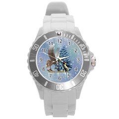 Merry Christmas, Funny Pegasus With Penguin Round Plastic Sport Watch (l) by FantasyWorld7