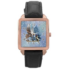 Merry Christmas, Funny Pegasus With Penguin Rose Gold Leather Watch  by FantasyWorld7